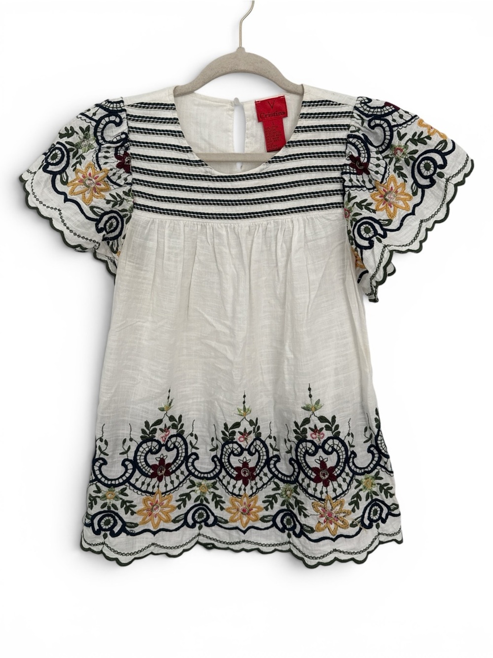 Christina White 100% Cotton Top with Navy and Green Stripe Embroidery-Size Small